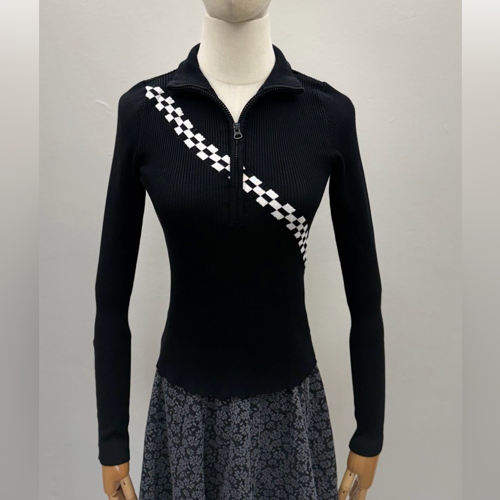 ZARA Knit Ribbed Half Zip Sweater Black Checkered Stripe Women’s Size S